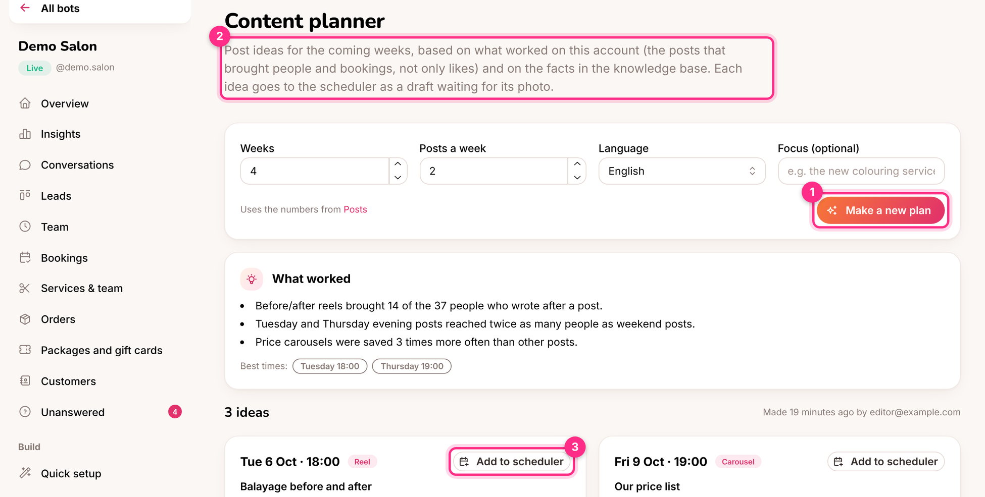The content planner: make a plan (1), what worked (2) and add an idea to the scheduler (3)