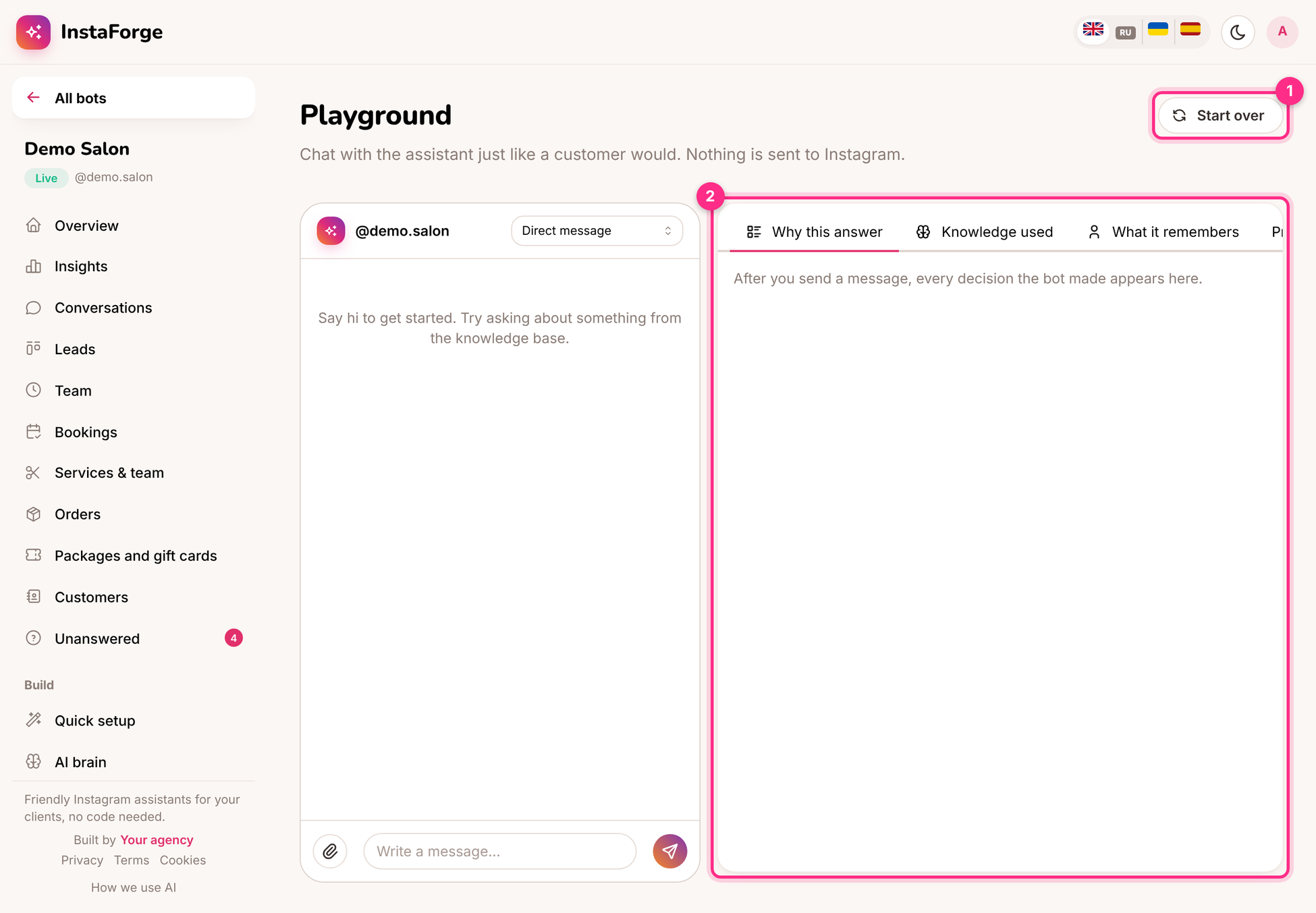 The playground: start over (1) and the explanation panel (2)