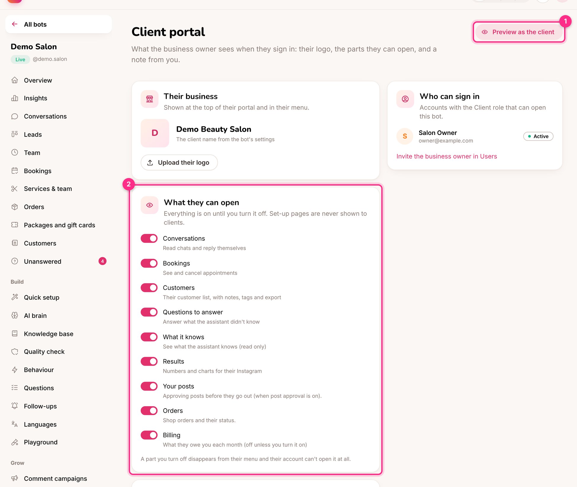 Client portal settings: preview as the client (1) and what they can open (2)