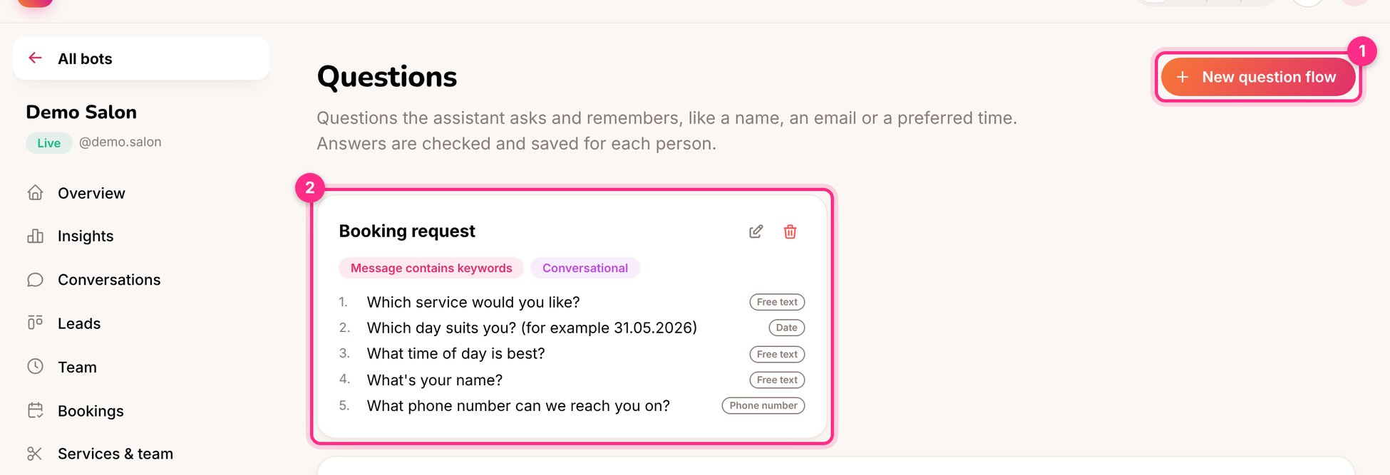 Questions: a new flow (1) and the booking request flow (2)