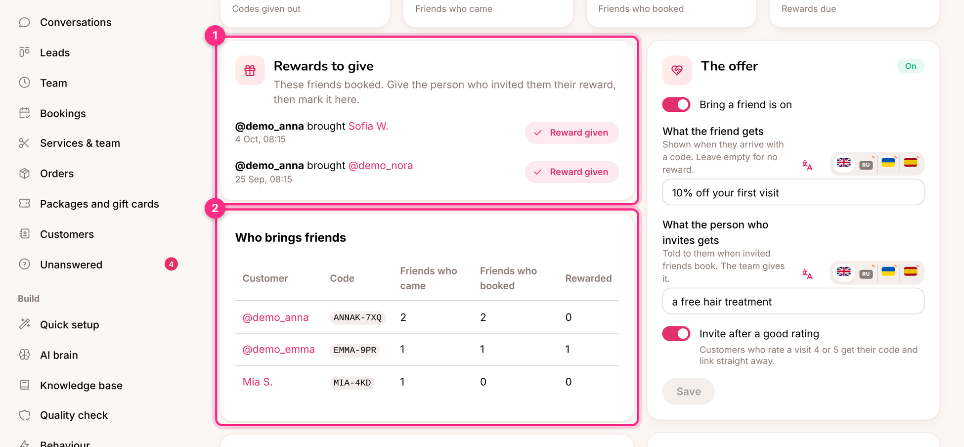 Bring a friend: rewards to give (1) and who brings friends (2)