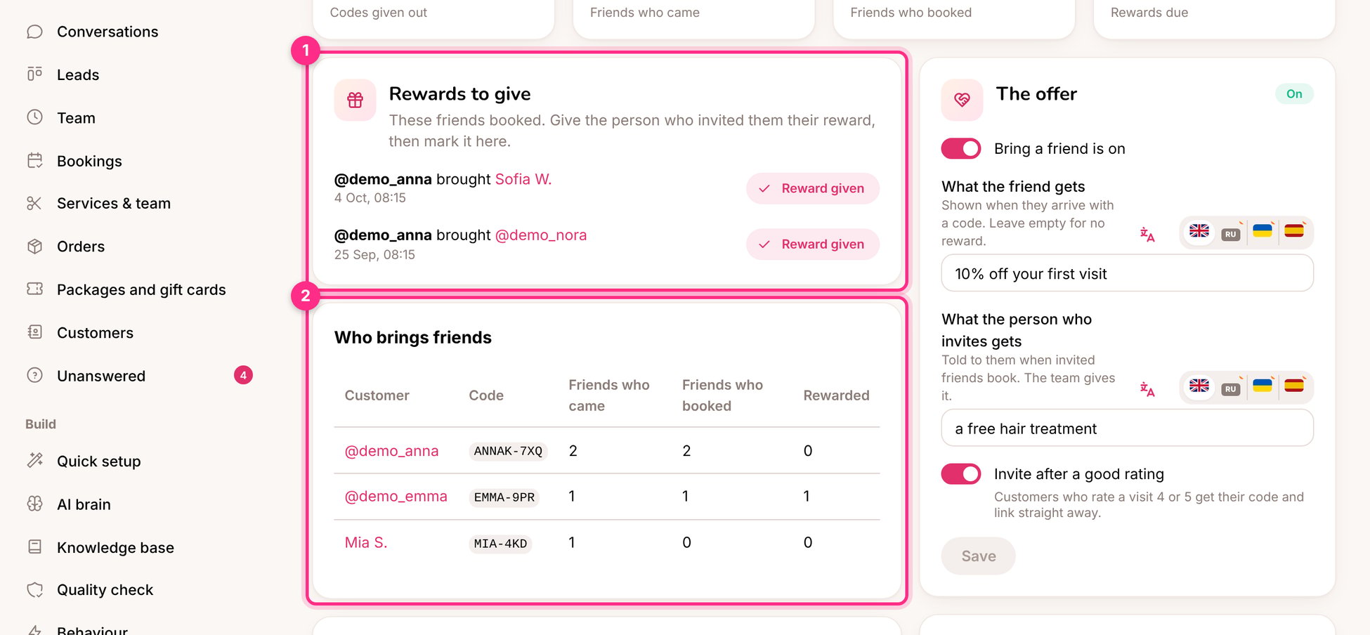 Bring a friend: rewards to give (1) and who brings friends (2)