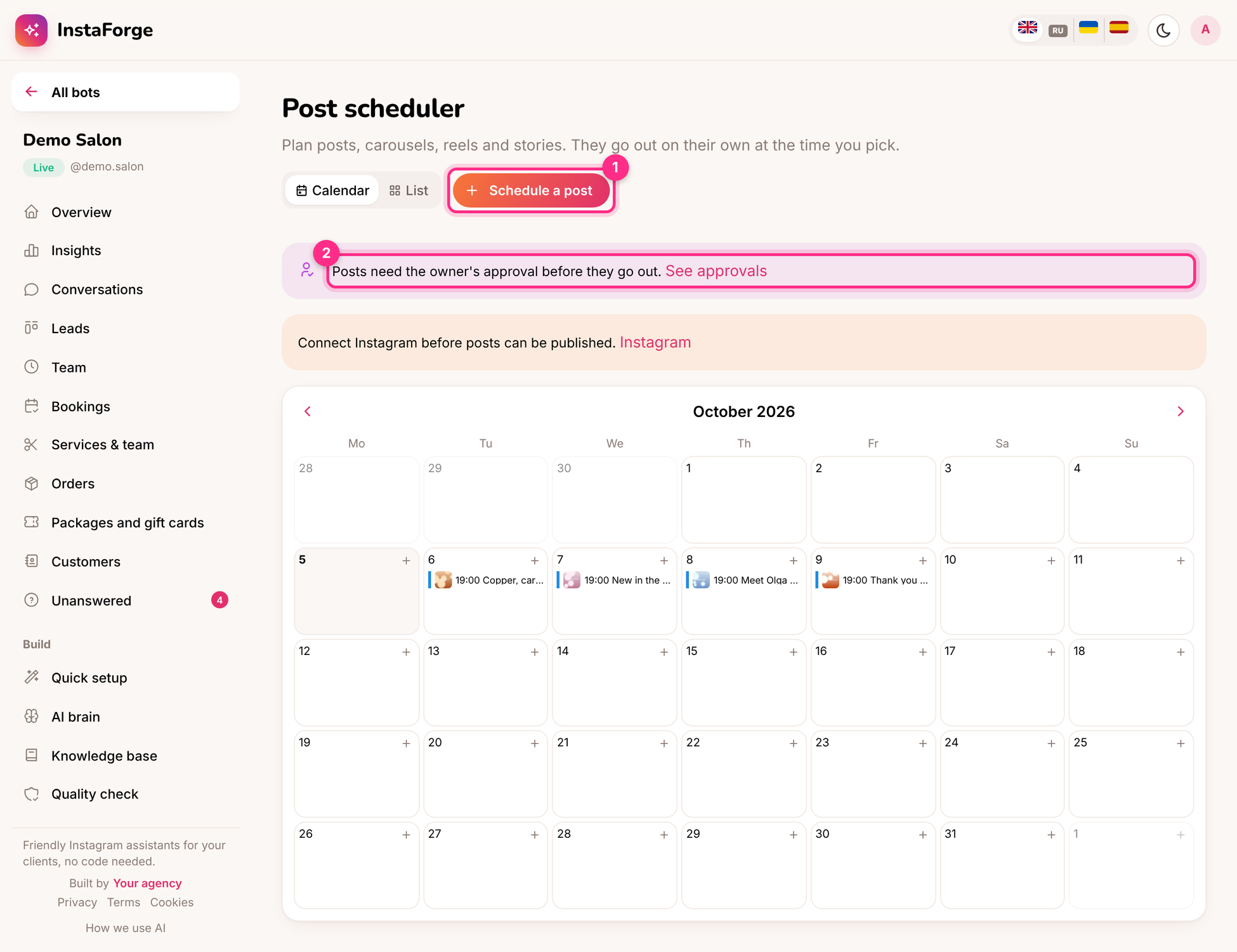 The scheduler: schedule a post (1) and the approval notice (2)