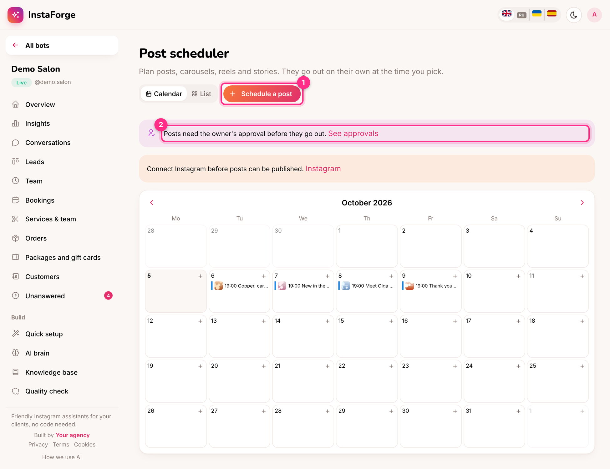 The scheduler: schedule a post (1) and the approval notice (2)