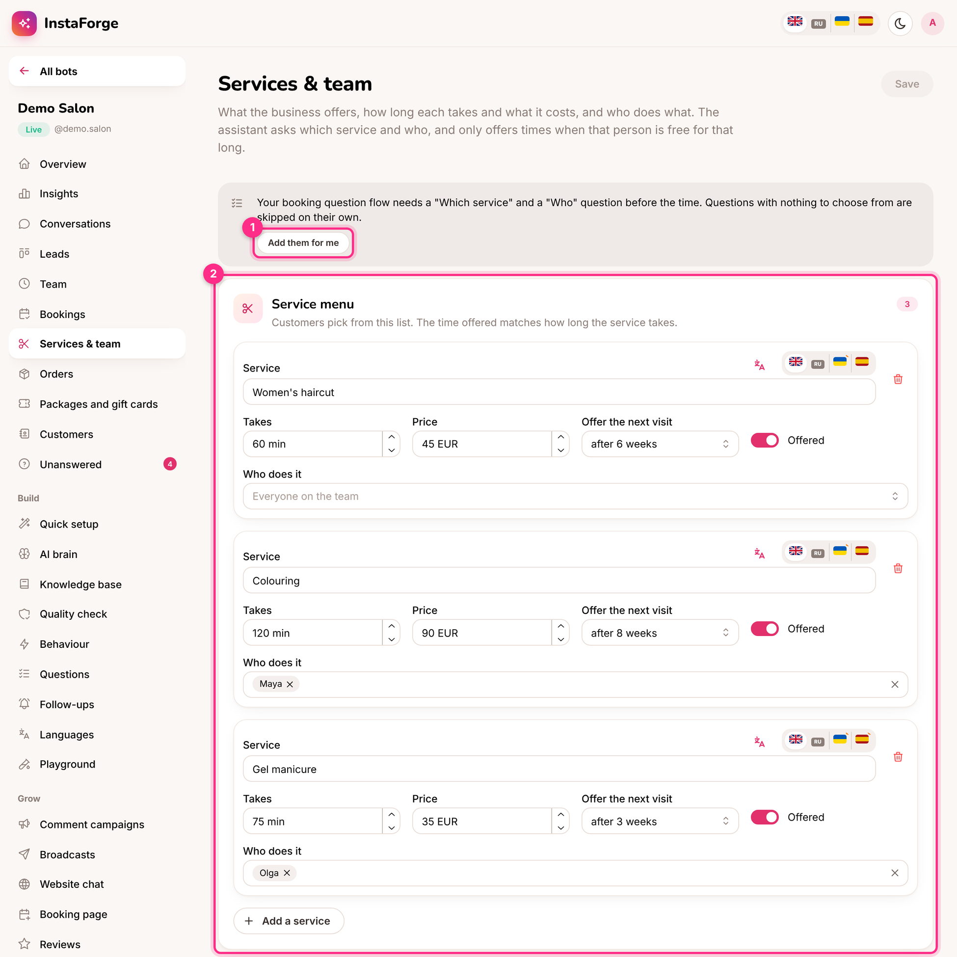 Services and team: add the booking questions (1) and the service menu (2)