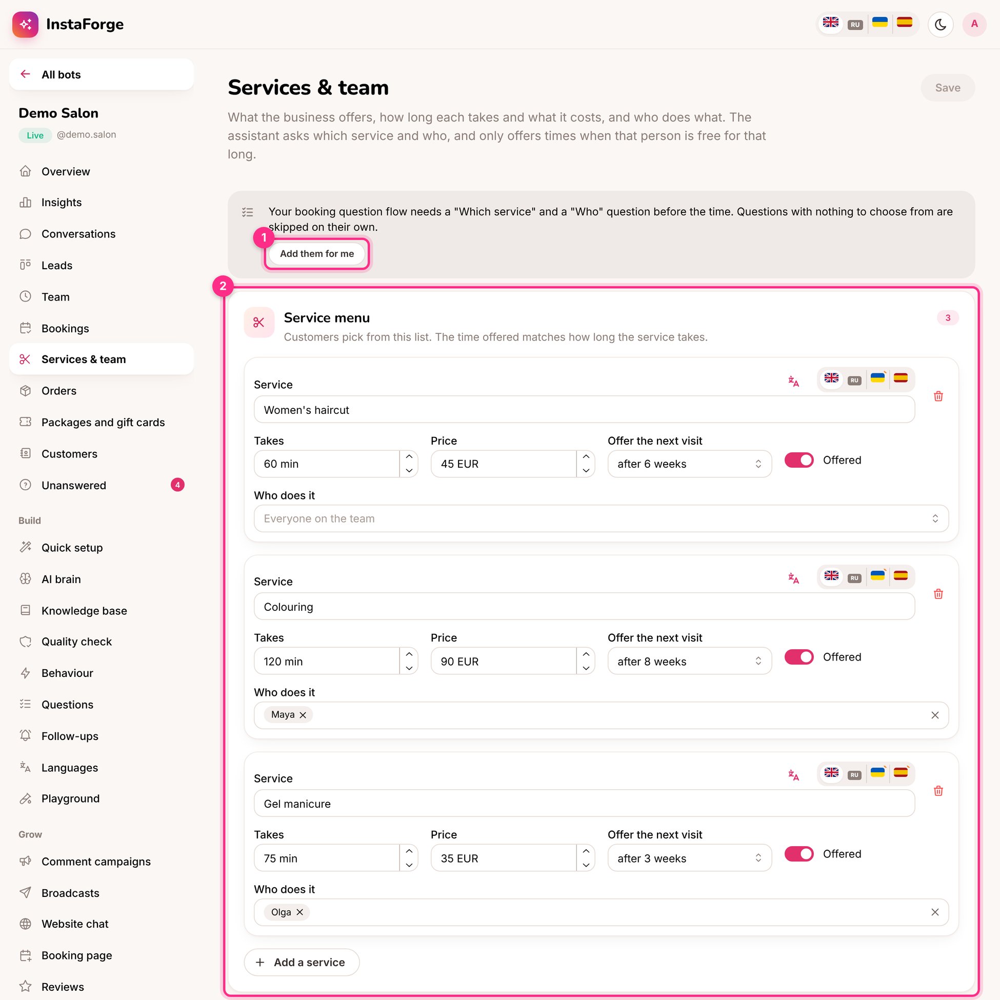 Services and team: add the booking questions (1) and the service menu (2)