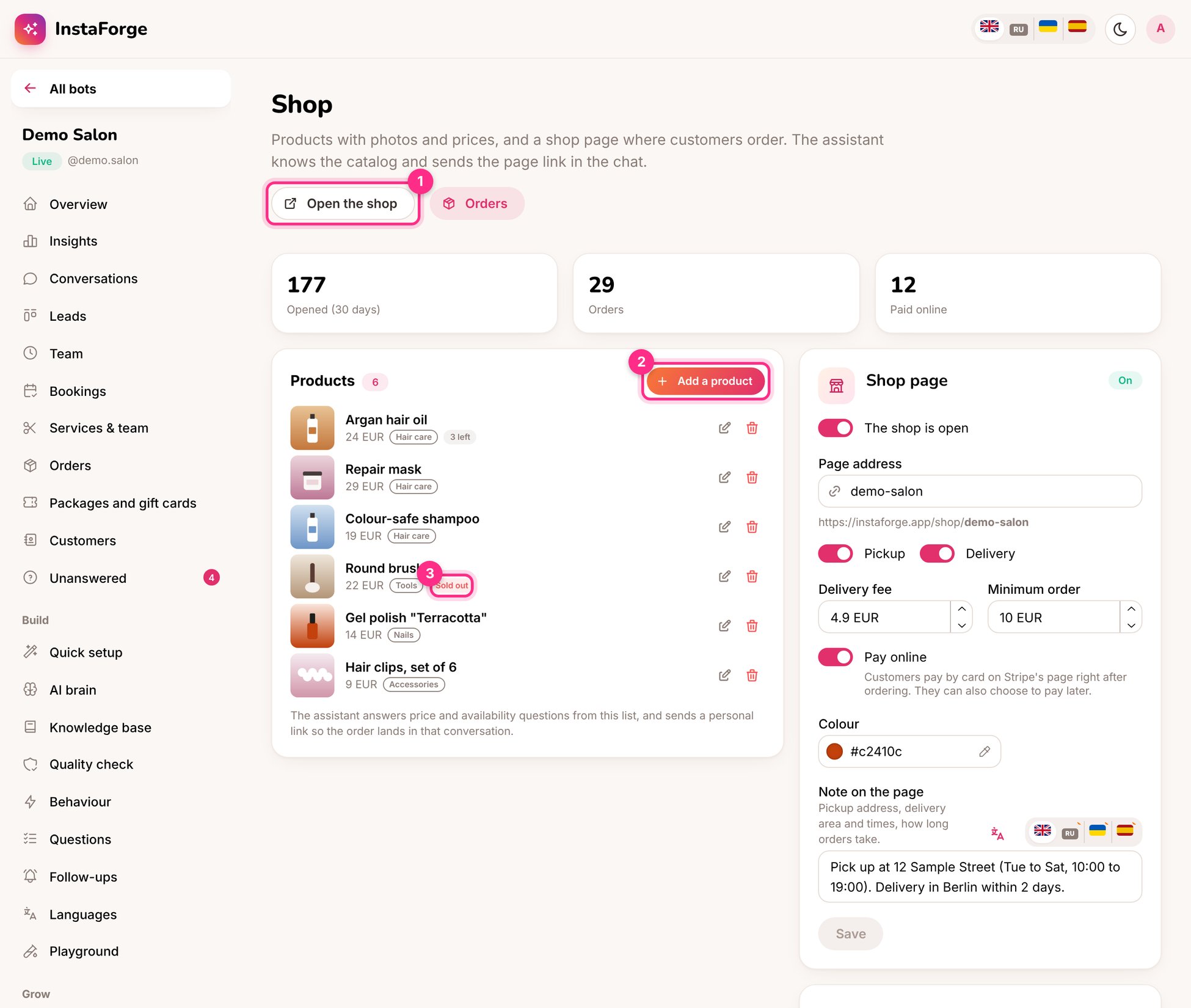 The Shop page: open the shop (1), add a product (2) and a sold-out product (3)