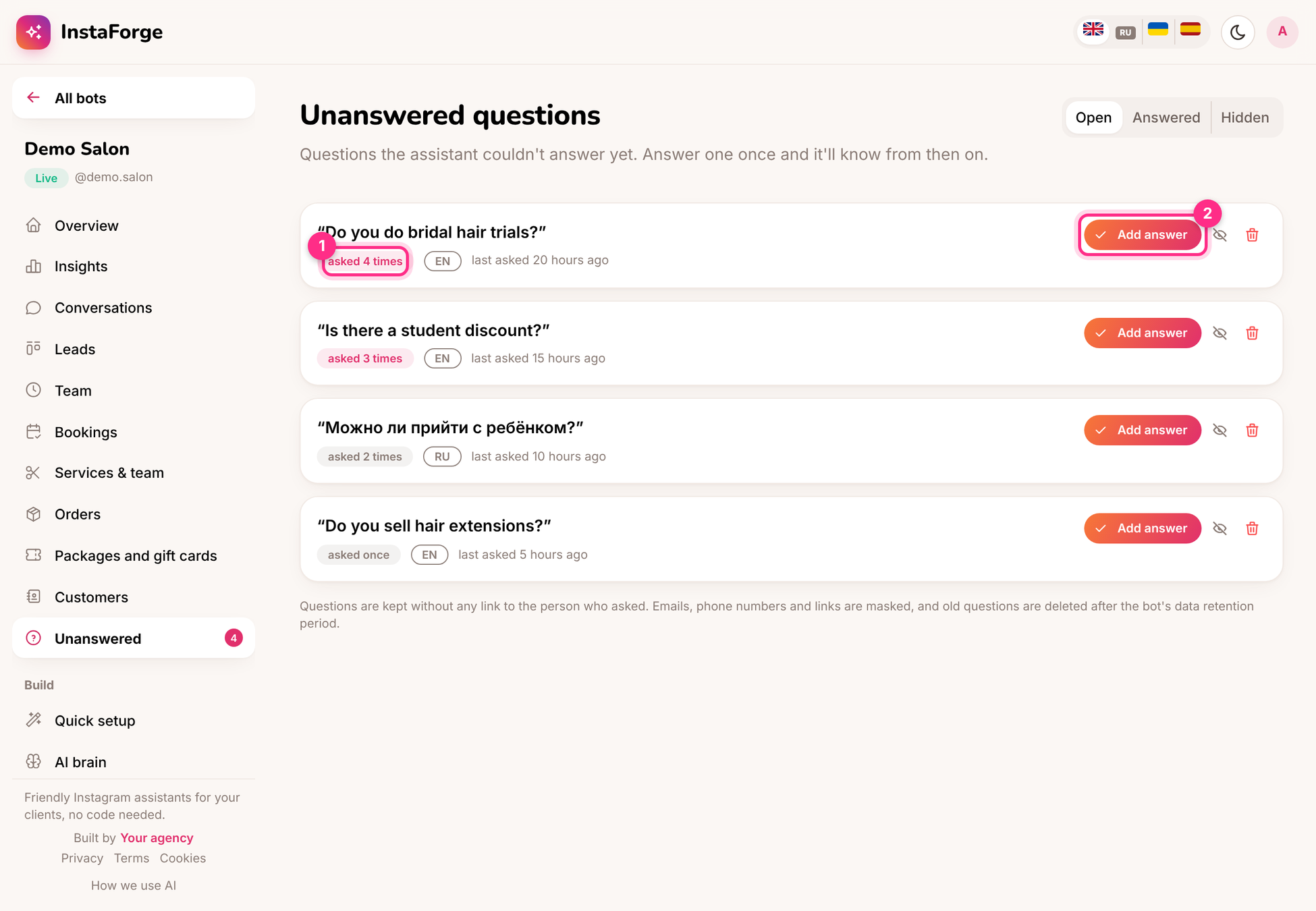 Unanswered questions: how often (1) and add an answer (2)