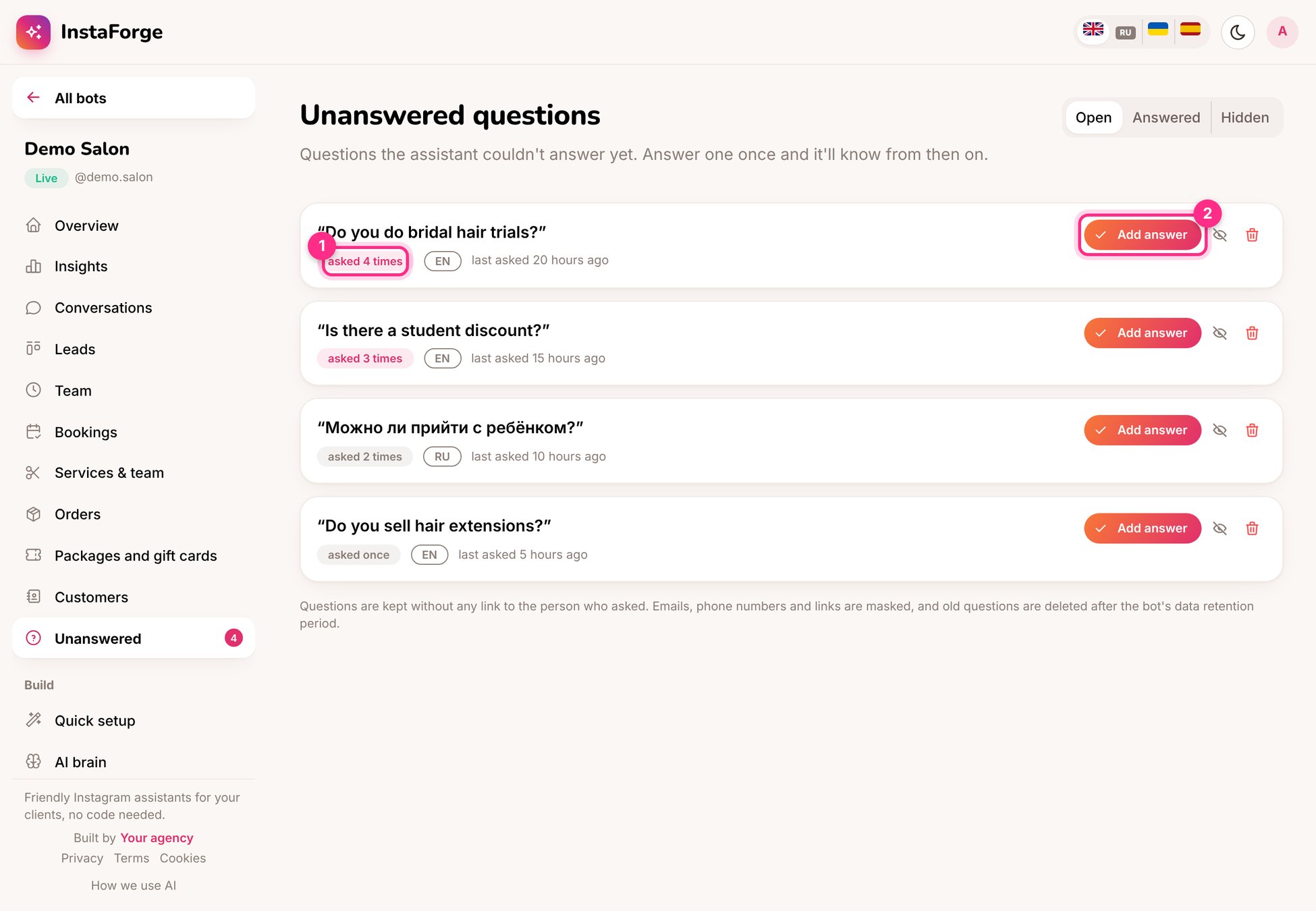 Unanswered questions: how often (1) and add an answer (2)