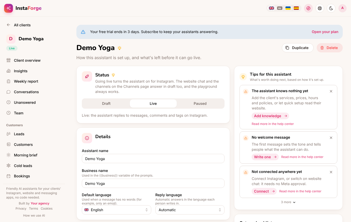 Tips on the assistant's Overview page
