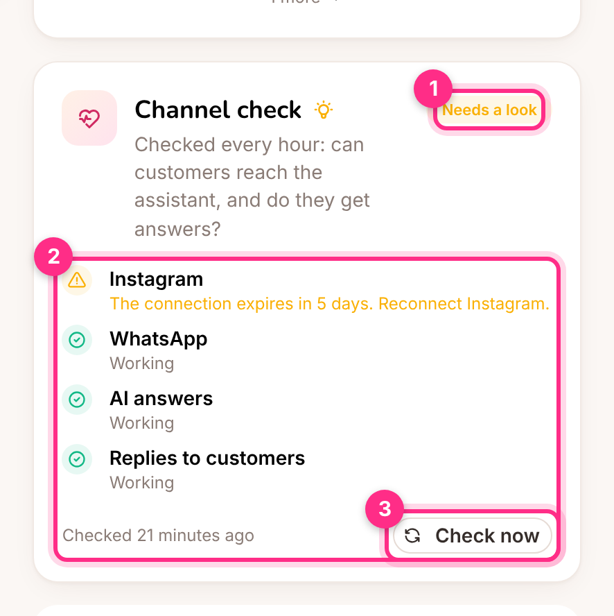 Channel check on the overview: the result (1), each part with what was found (2) and checking again now (3)