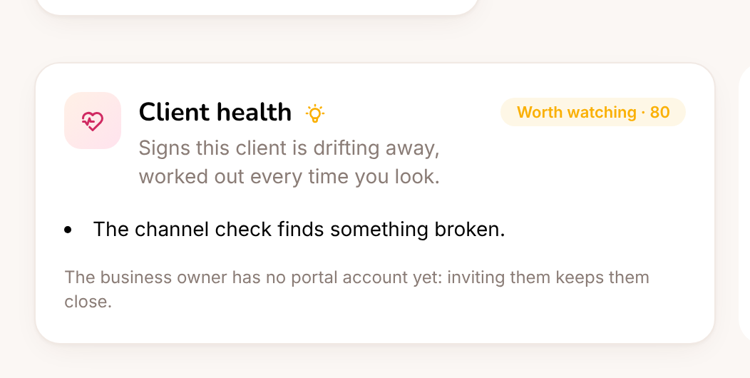 A client's page: the health score and the reasons behind it