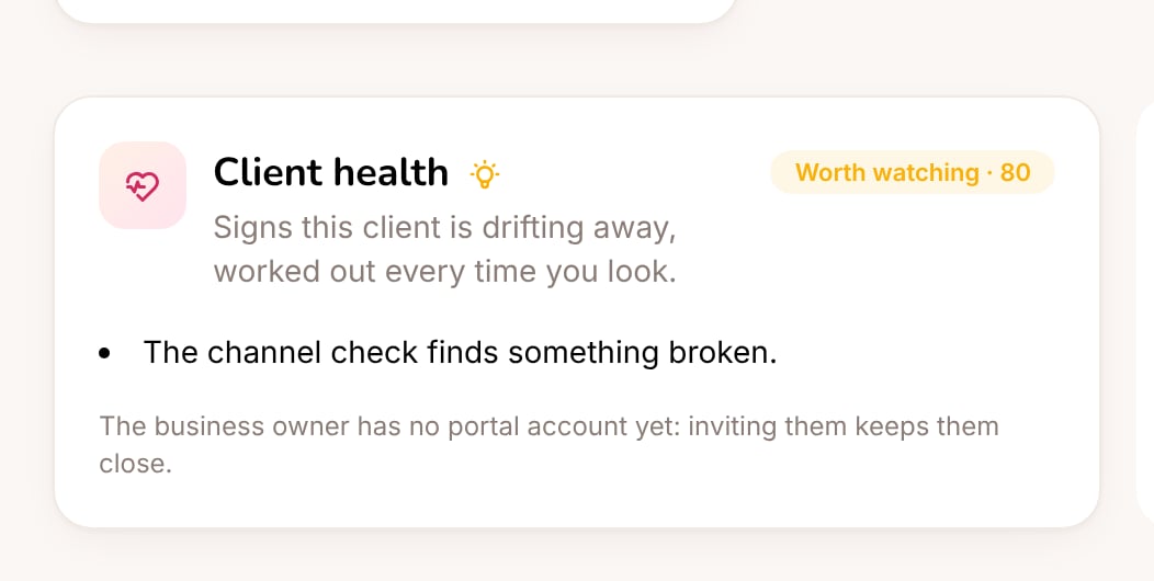 A client's page: the health score and the reasons behind it