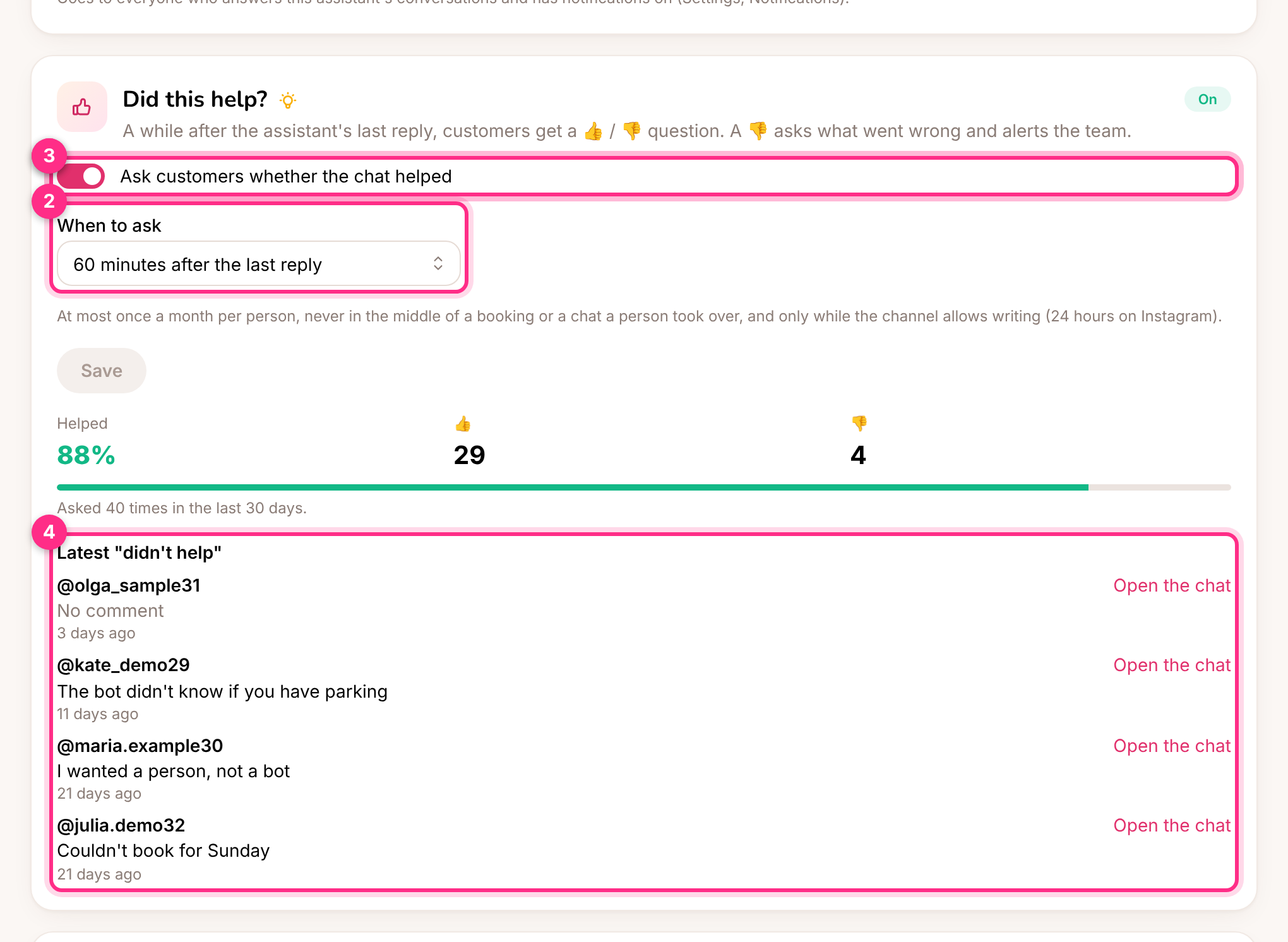 Did this help?: turn it on (1), when to ask (2), how customers answered (3) and the latest "didn't help" (4)