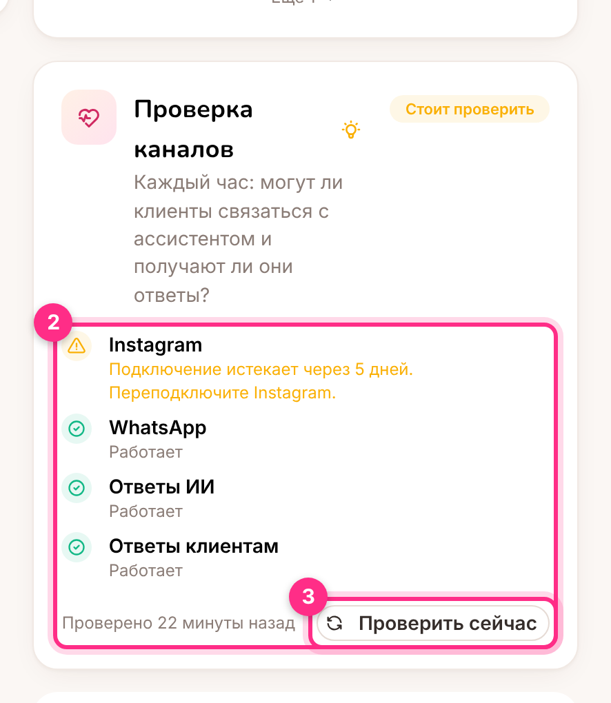Проверка каналов на главной странице ассистента: результат (1), каждая часть с тем, что найдено (2), и проверка сейчас (3)
