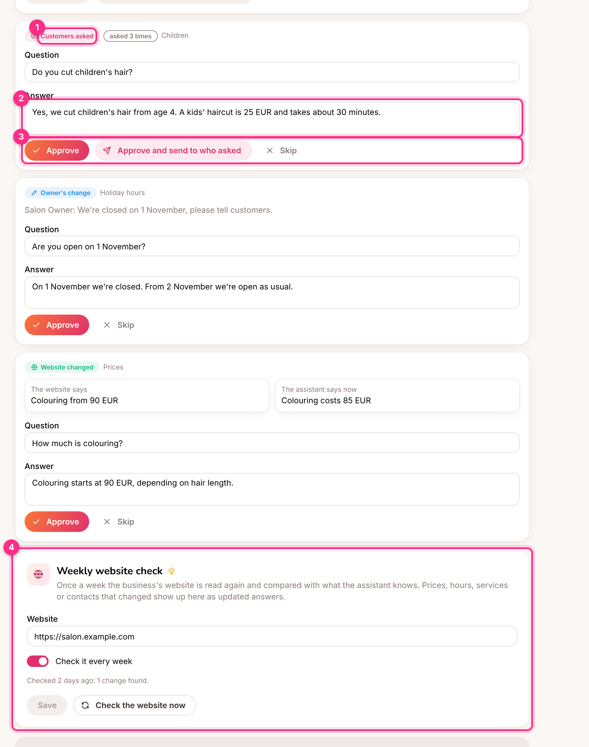 To approve: where an answer came from (1), the draft to check and edit (2), approve or skip (3) and the weekly website check (4)