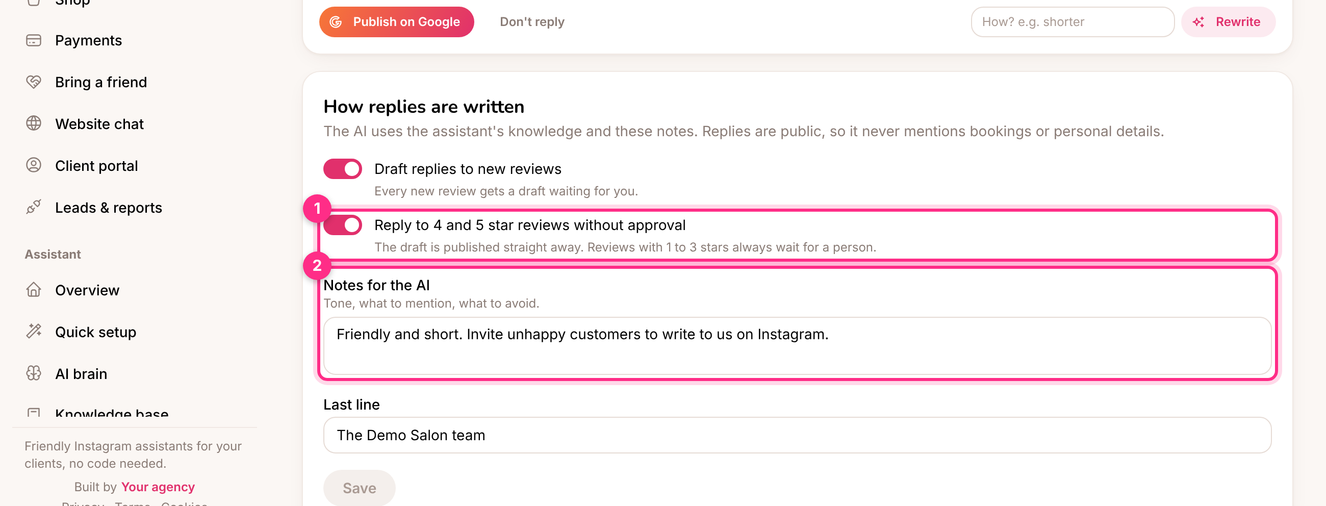 Google reviews settings