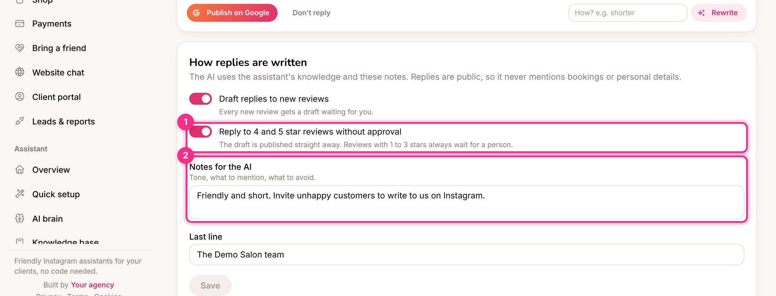 Google reviews settings