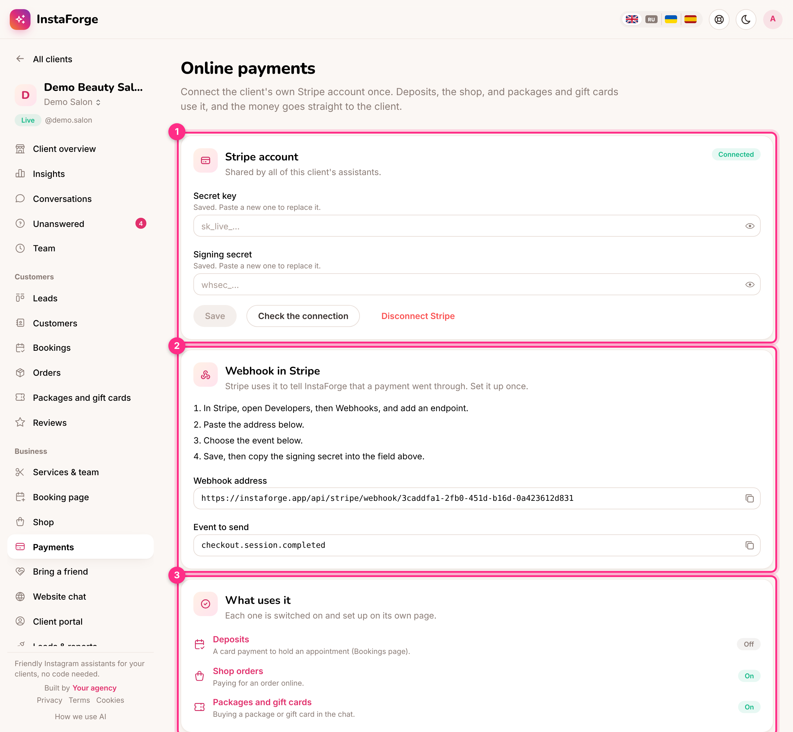 Online payments: the Stripe account (1), the webhook in Stripe (2) and what uses it (3)
