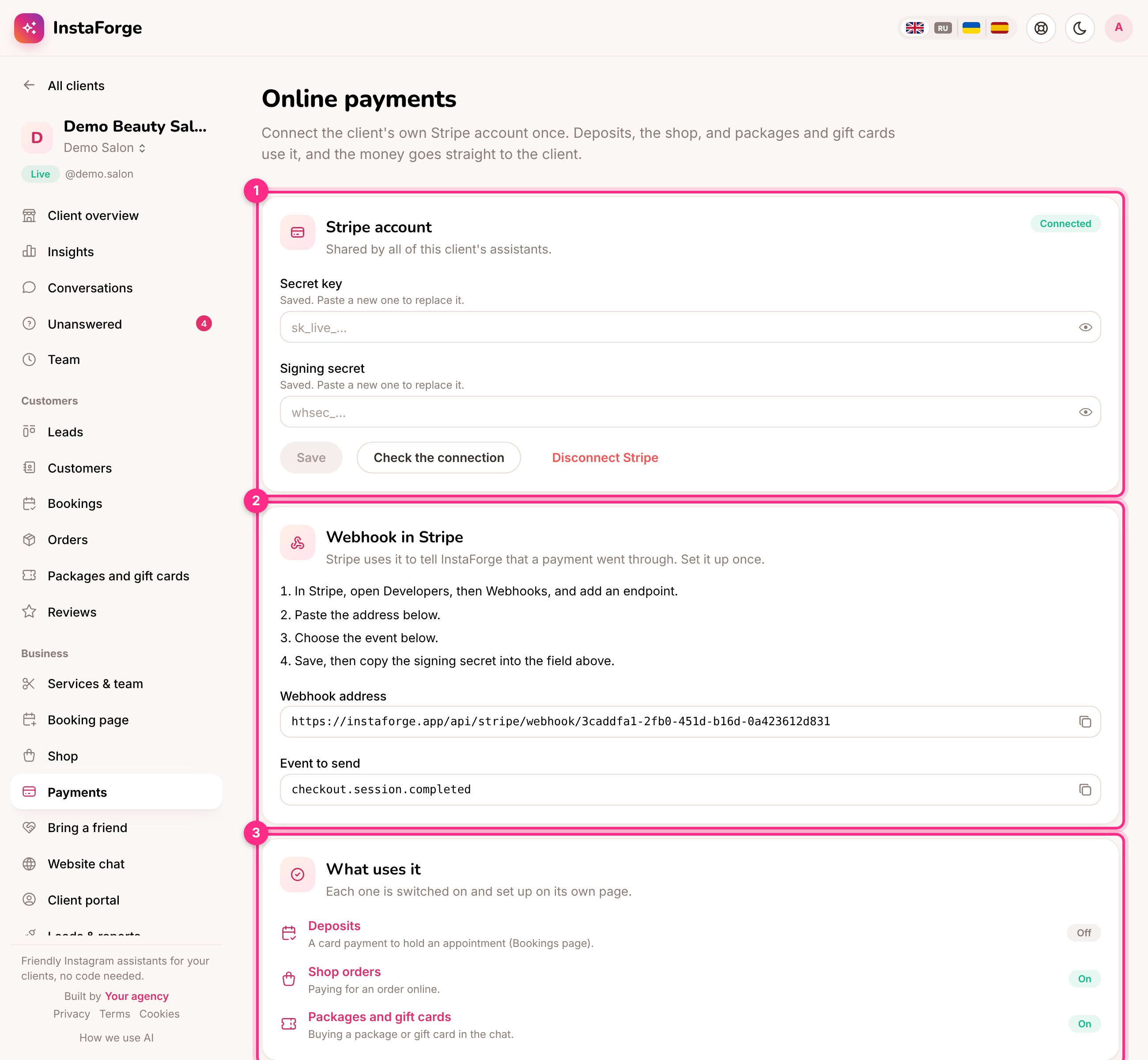 Online payments: the Stripe account (1), the webhook in Stripe (2) and what uses it (3)
