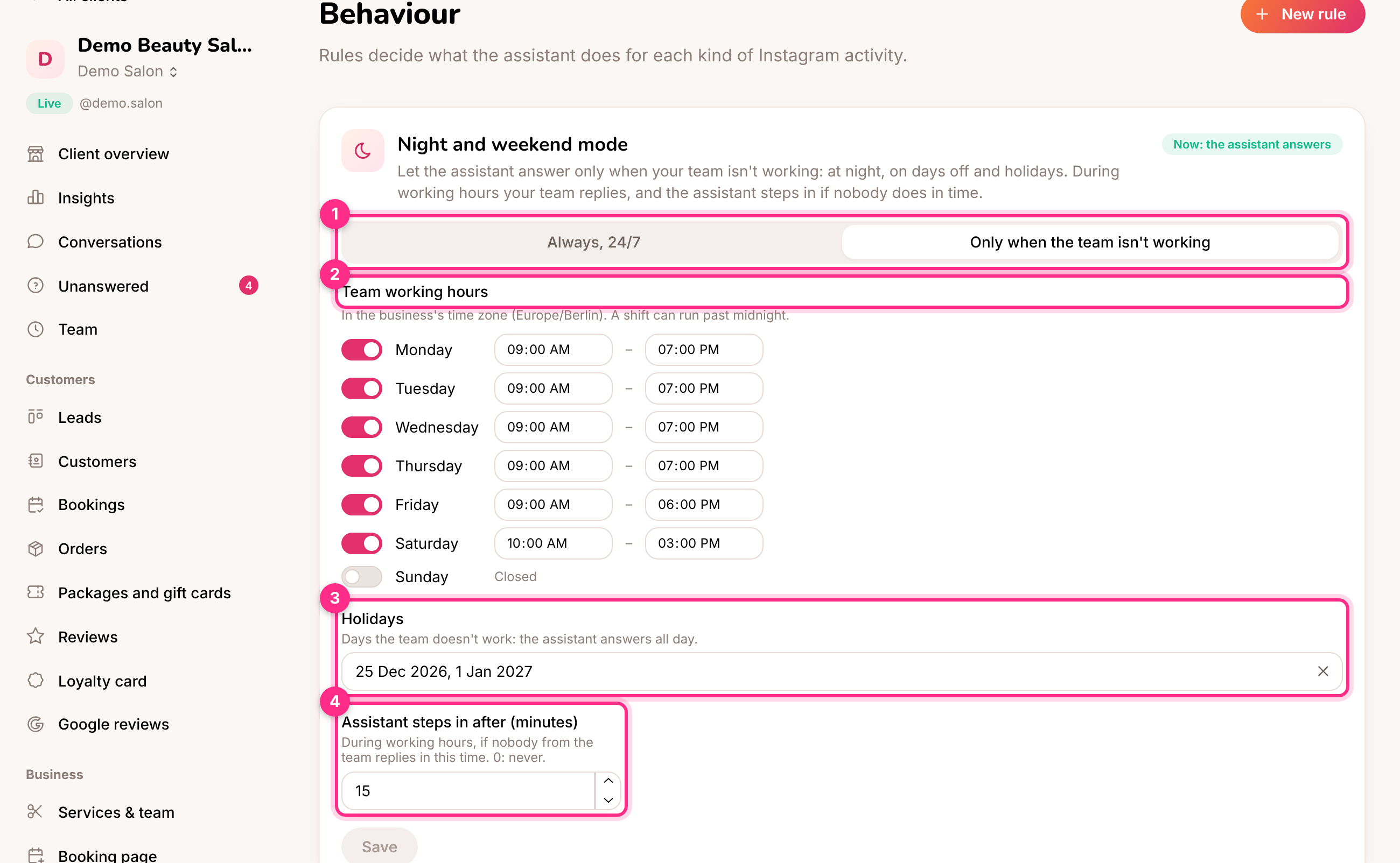 Night and weekend mode settings