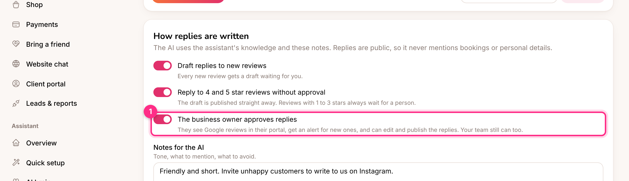 The business owner approves replies