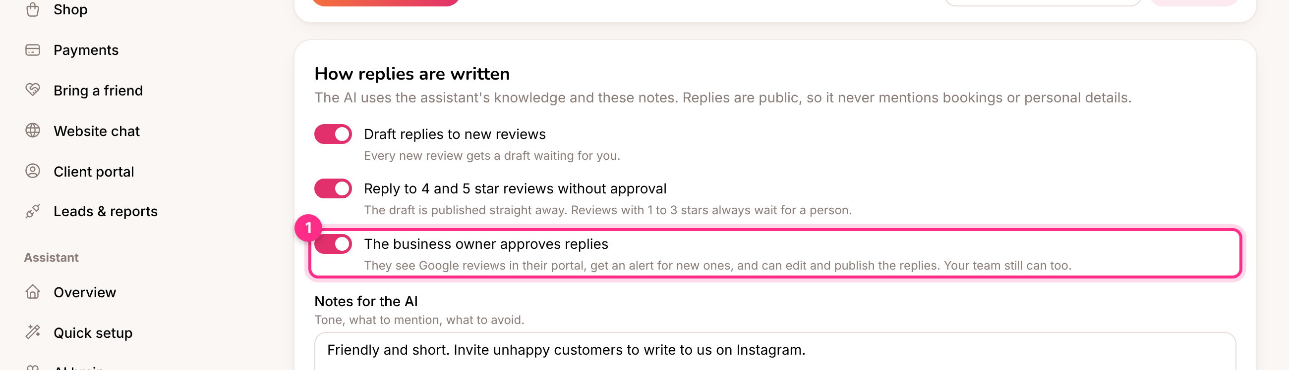 The business owner approves replies