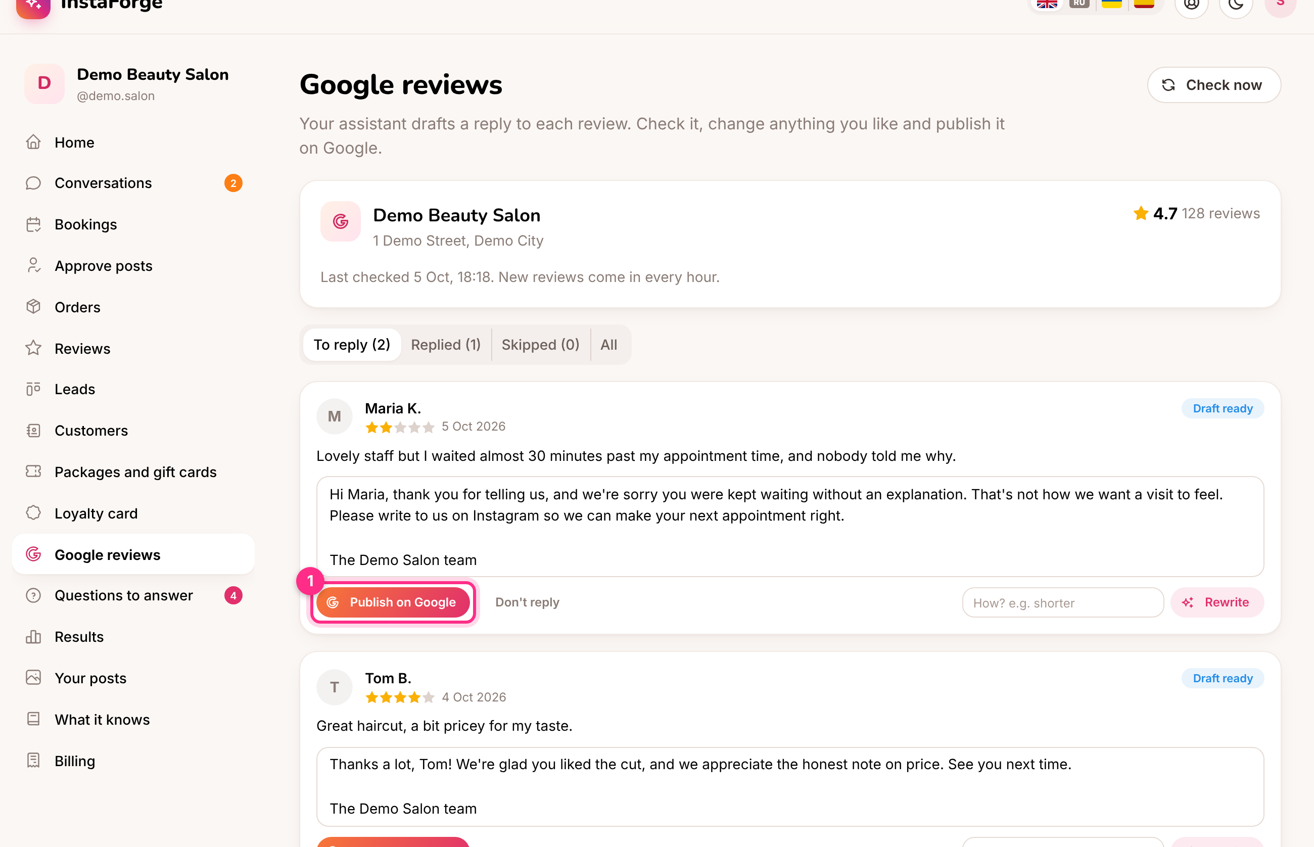 Google reviews in the owner's portal