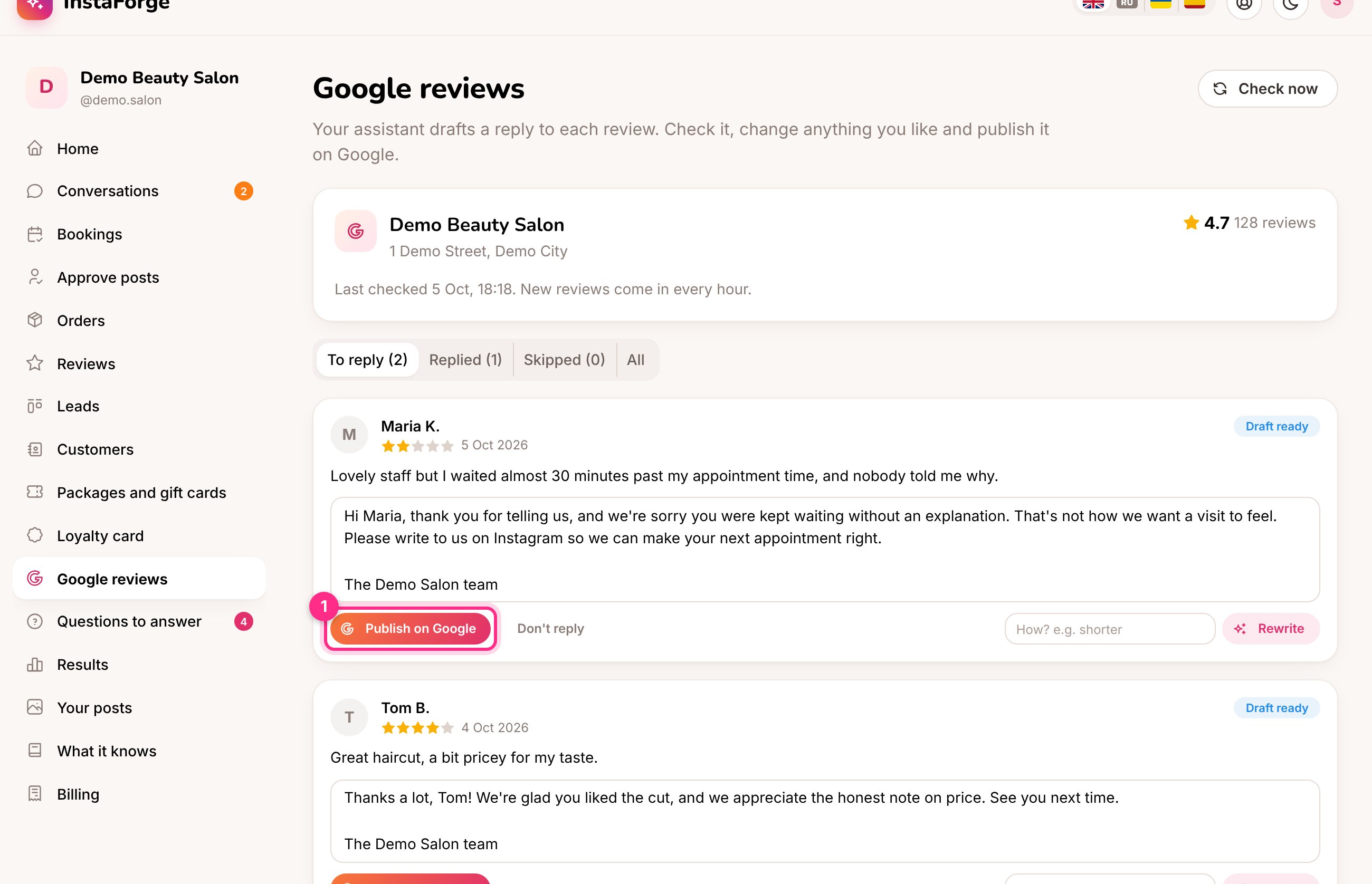 Google reviews in the owner's portal