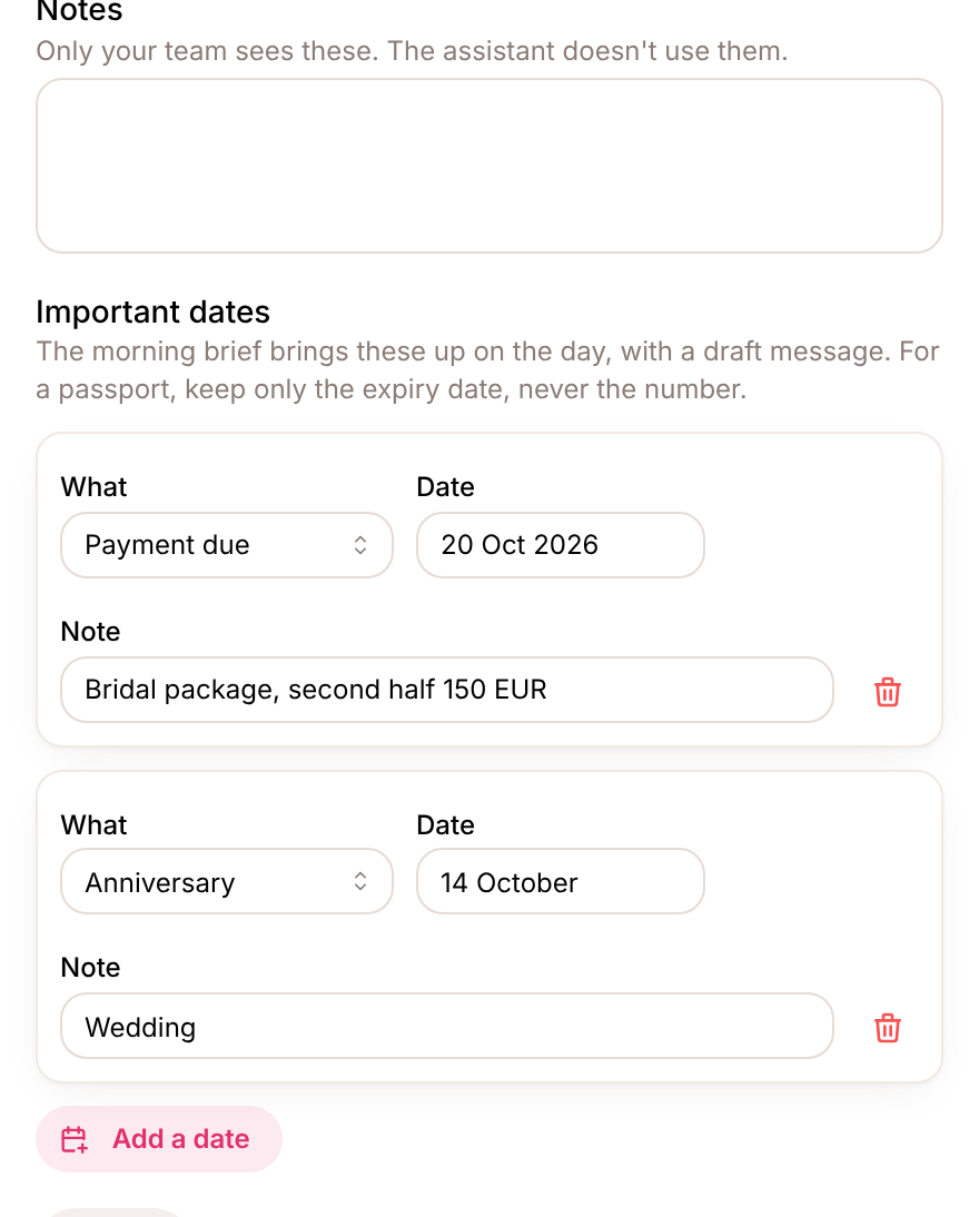Important dates on a customer's card