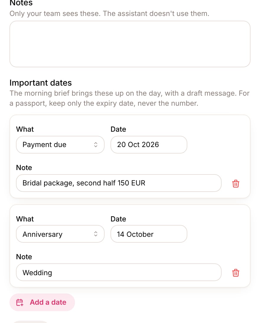 Important dates on a customer's card