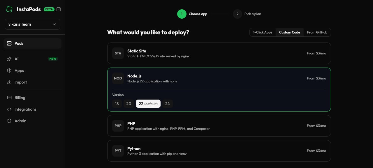 InstaPods create-pod wizard with Custom Code selected and the Node.js preset highlighted
