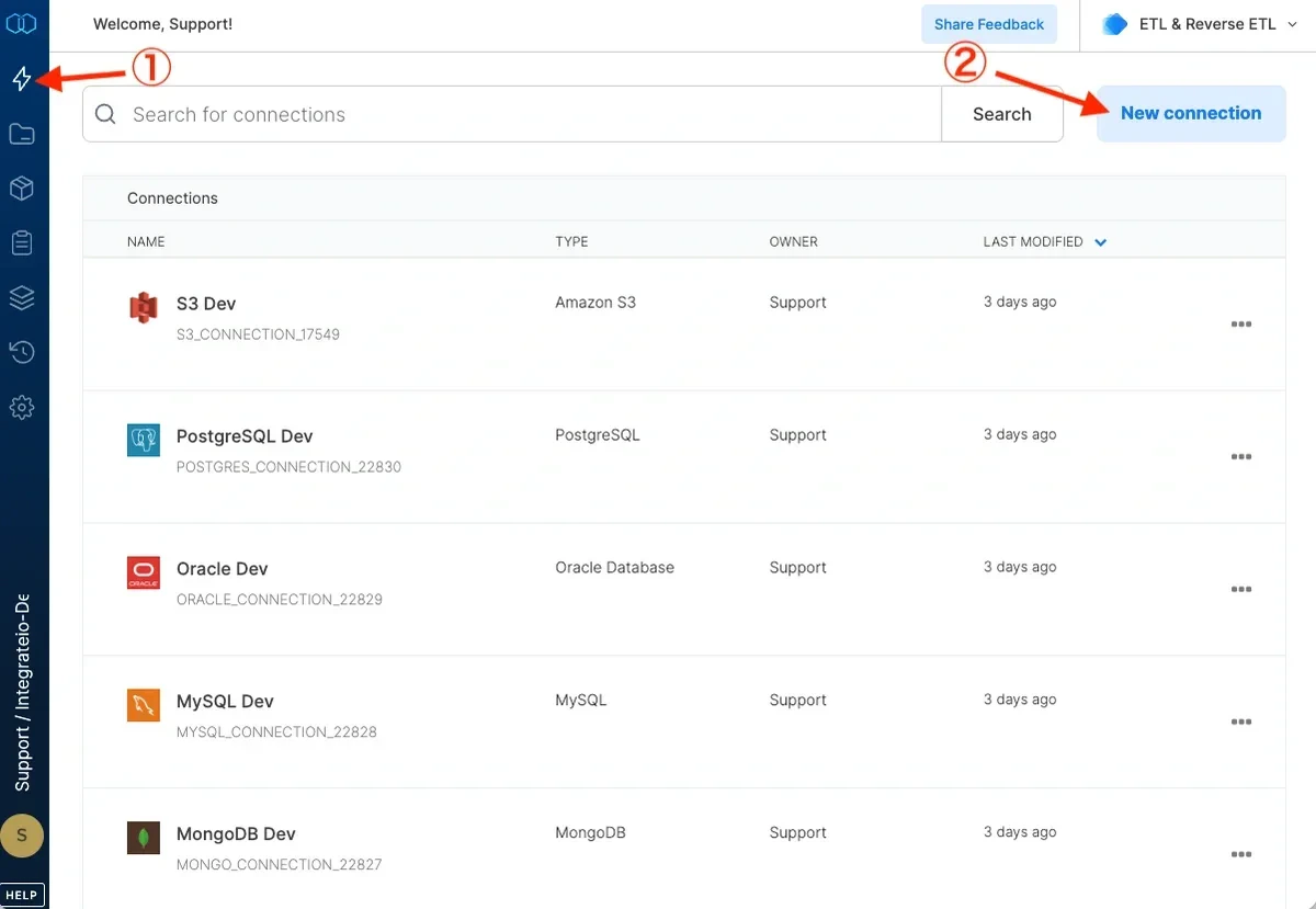 New connection button in the Connections page