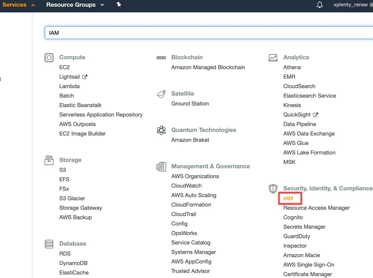 AWS Management Console with IAM service highlighted