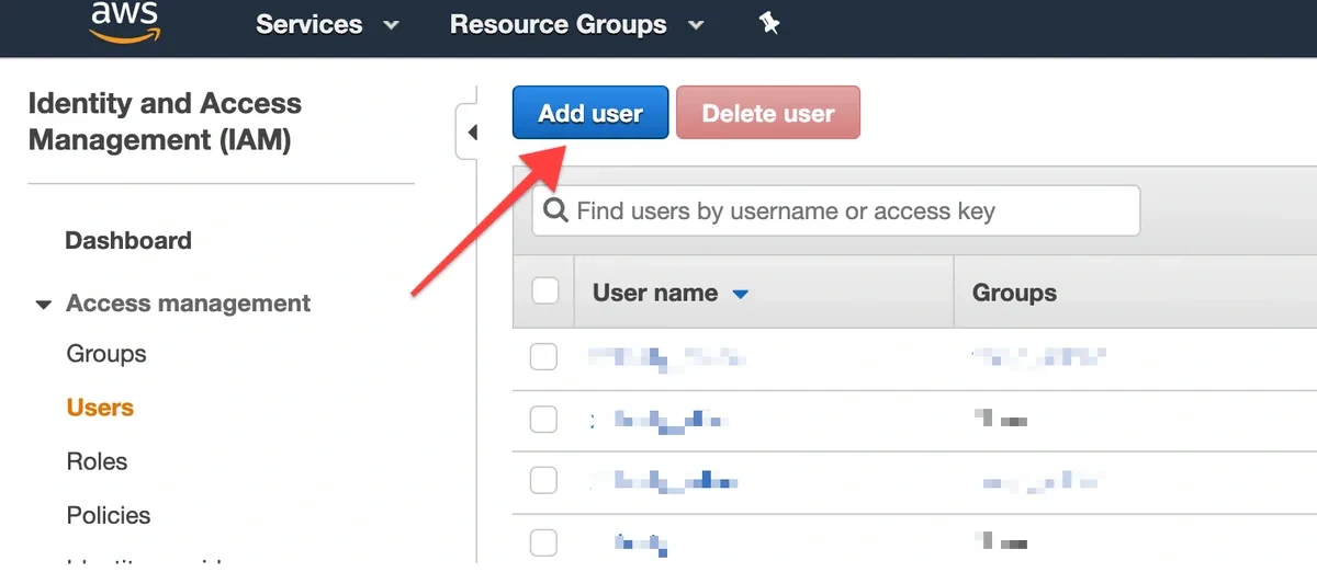 IAM Users page with Add User button