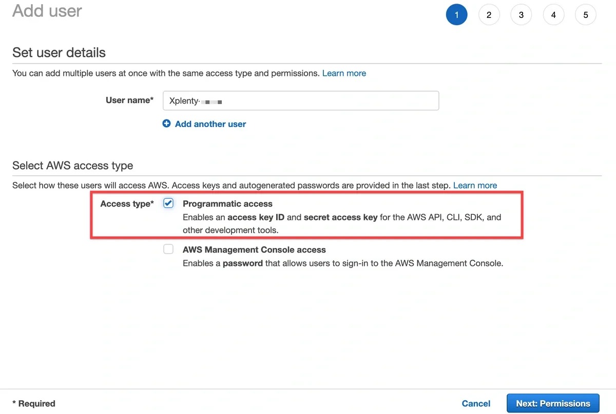 IAM Add User form with programmatic access selected