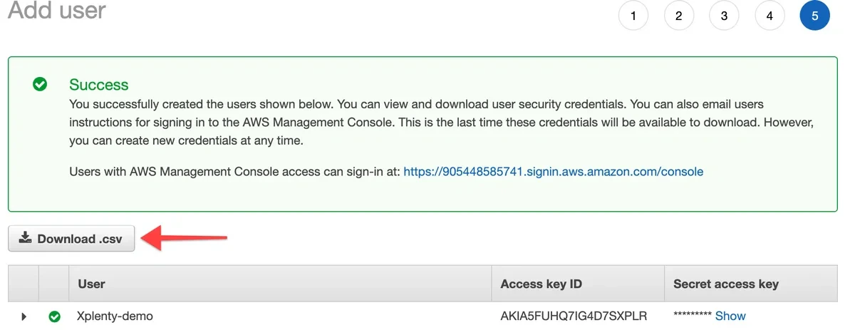Download CSV button to save security credentials