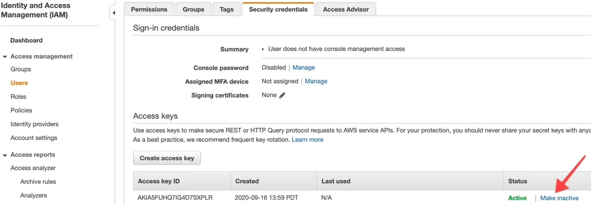IAM security credentials section with Make inactive option