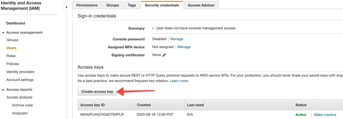 Create access key button in IAM user security credentials