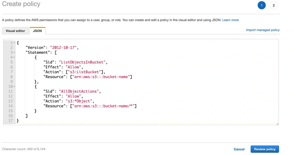 IAM JSON policy editor for read-write S3 bucket access