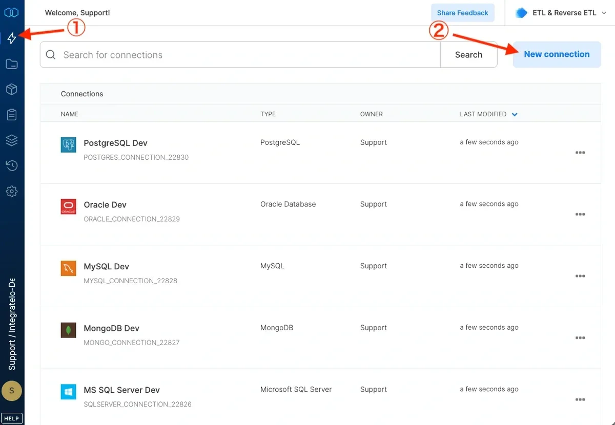 New connection button in the Connections menu