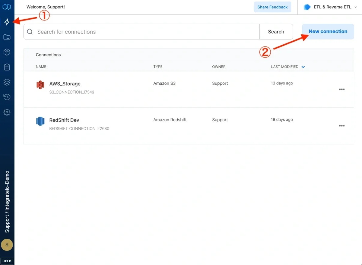 New connection button in the Connections page
