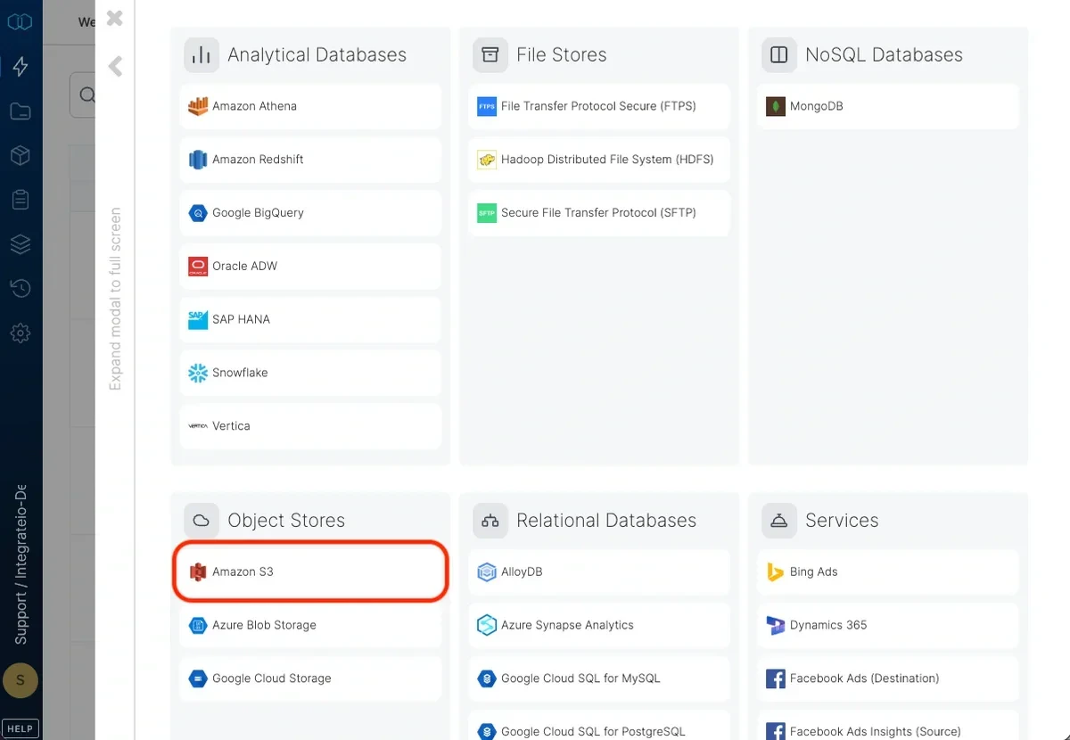 Selecting Amazon S3 from the connection type list