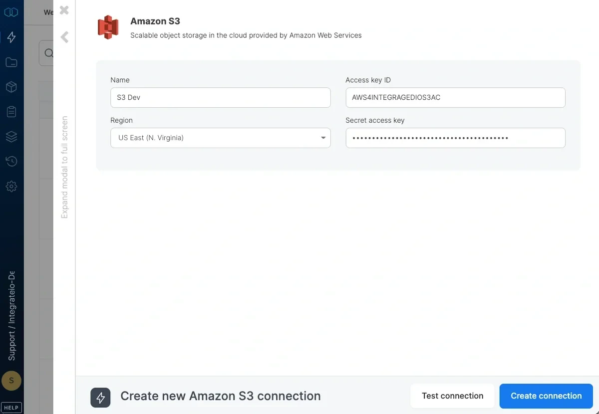 Amazon S3 connection form with access key and secret fields
