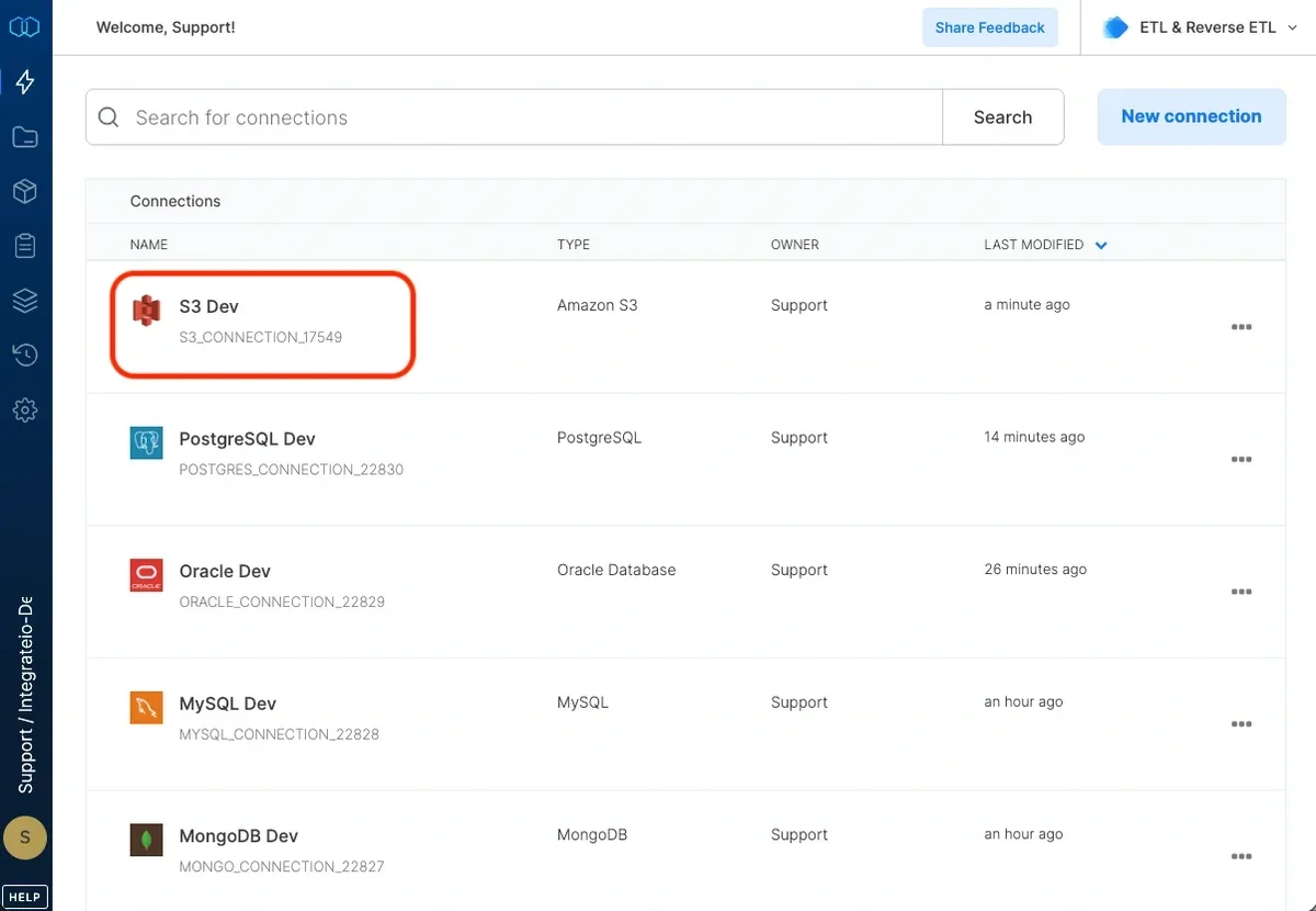 Amazon S3 connection created and listed in connections