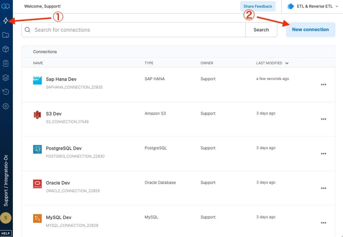New connection button in the Connections menu