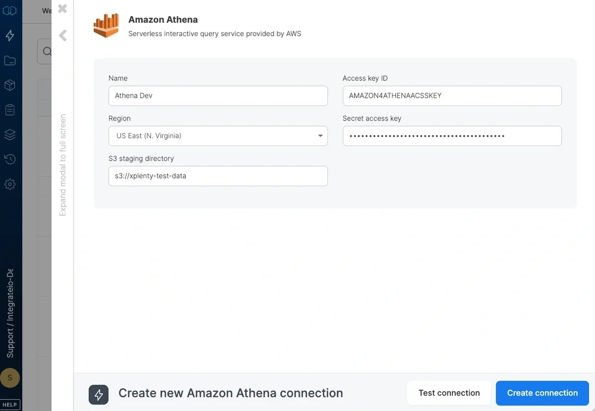 Amazon Athena connection form with region, S3 path, and credentials