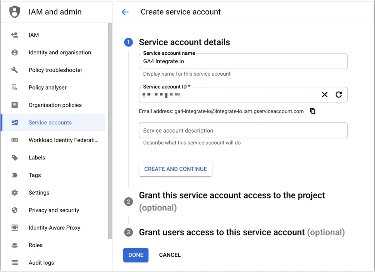 GCP service account creation form with account details