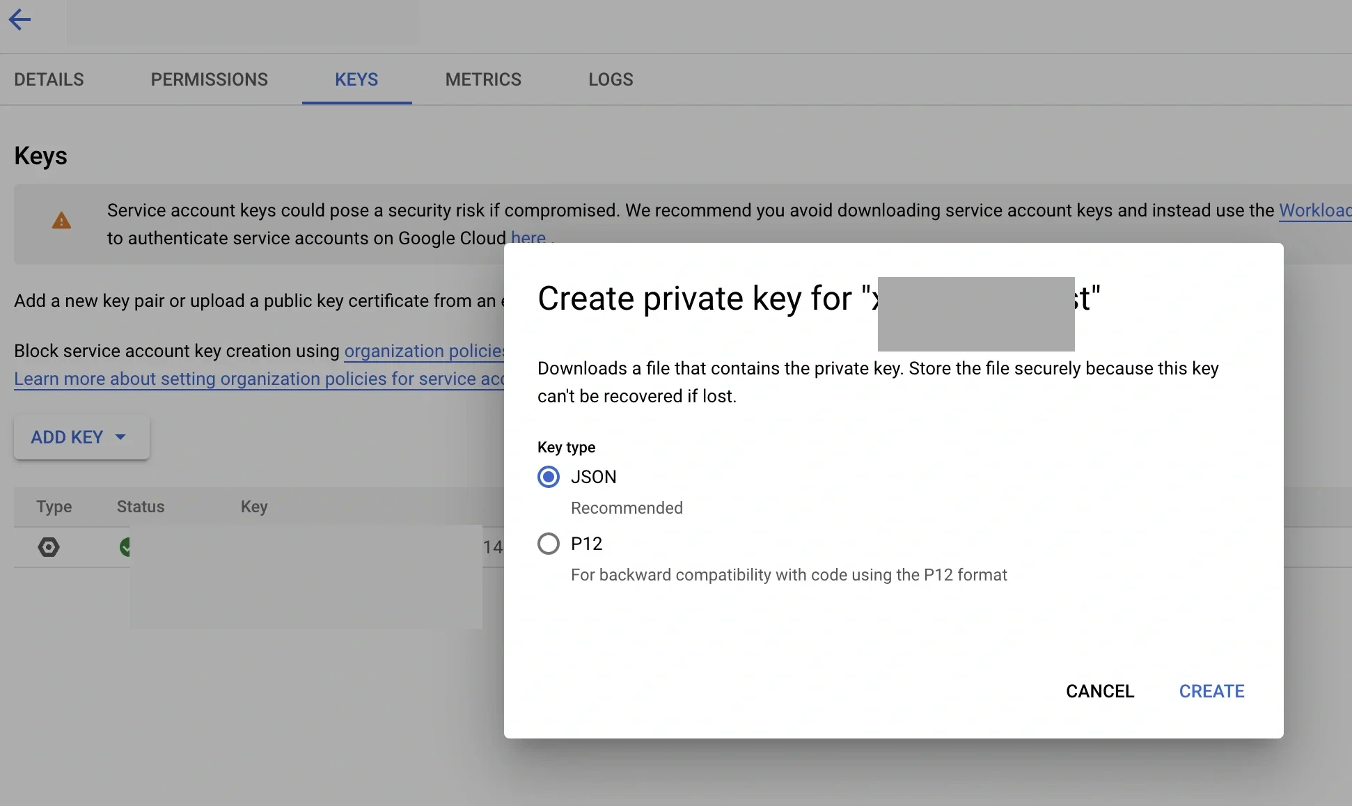 JSON private key download dialog for the service account
