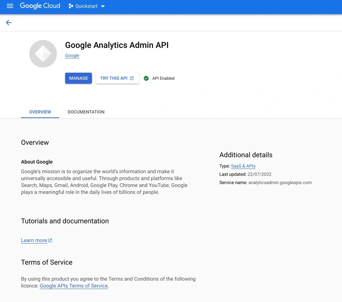 Enabling the Google Analytics Admin API in Cloud Console